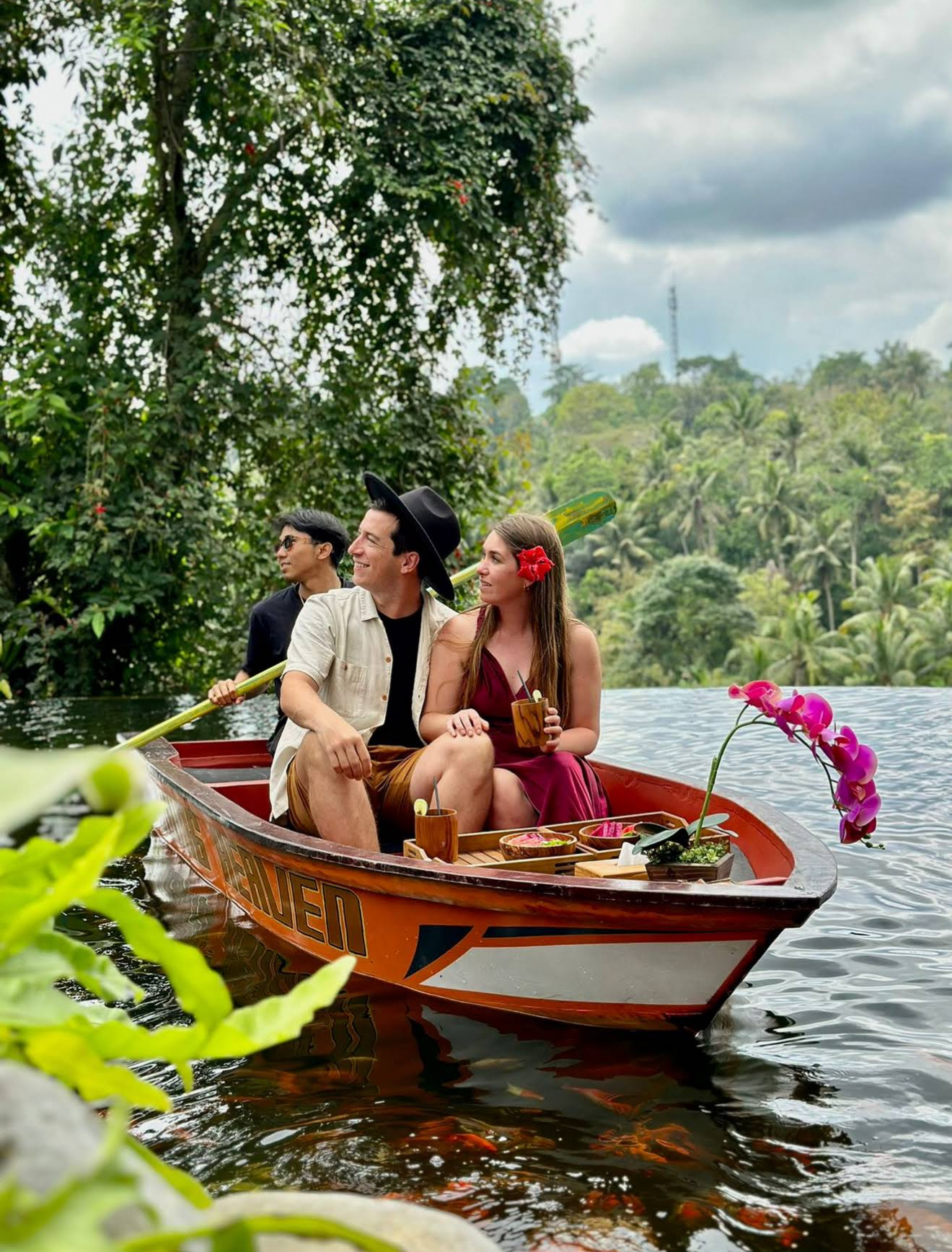 Mid-flight on the bamboo jungle swing above the river valley