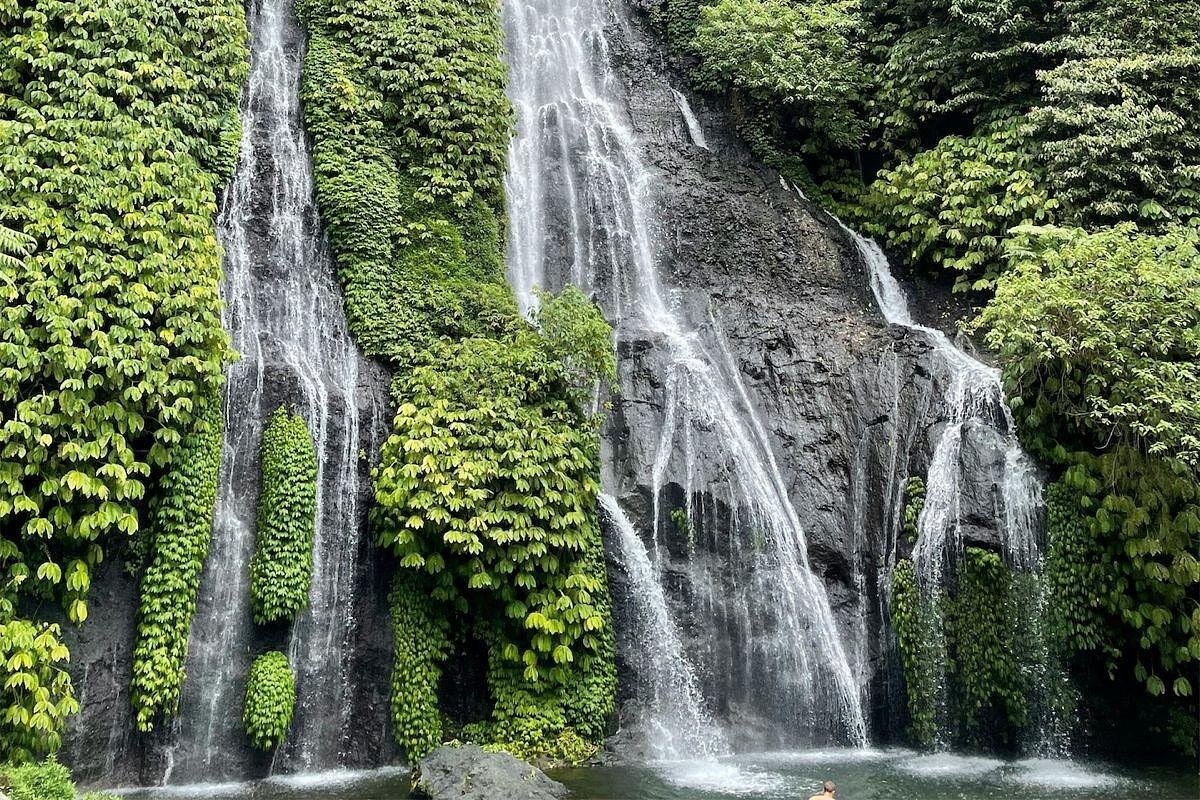 Banyumala twin waterfall flowing through dense jungle